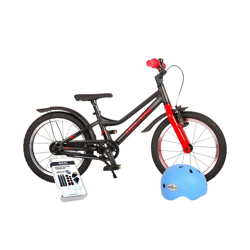 Foto van Volare kinderfiets blaster - 16 inch - zwart/rood - inclusief fietshelm & accessoires