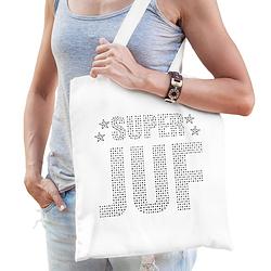 Foto van Glitter super juf katoenen tas wit rhinestones steentjes voor dames - feest boodschappentassen