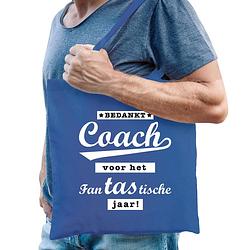 Foto van Cadeau tas voor coach/trainer - bedankt - blauw - katoen - 42 x 38 cm - feest boodschappentassen