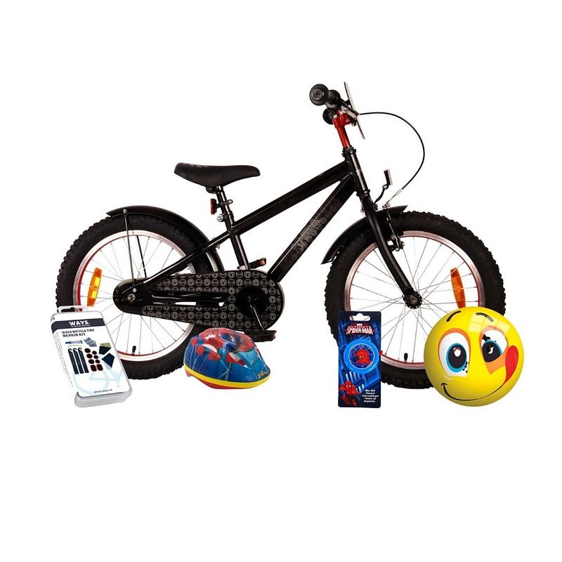 Foto van Volare kinderfiets spider-man - 18 inch - zwart - inclusief fietshelm en accessoires