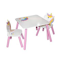 Foto van Gebor - unicorn kindertafel + 2 kinderstoelen - eenhoorn - magische speeltafel - roze - wit - 55x55x42cm