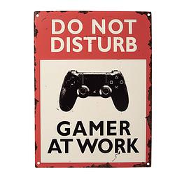 Foto van Clayre & eef tekstbord 25x33 cm beige rood ijzer do not disturb gamer at work wandbord spreuk wandplaat beige wandbord