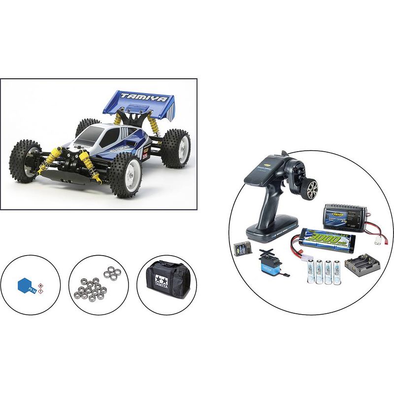 Foto van Tamiya neo scorcher, set brushed 1:10 rc auto elektro buggy 4wd bouwpakket