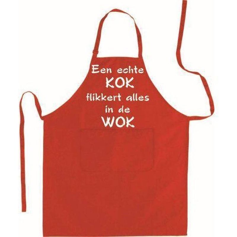 Foto van Een echte kok flikkert alles in de wok - luxe keukenschort met tekst - rood