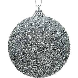 Foto van 12x kerstballen zilveren glitters 8 cm met kralen kunststof kerstboom versiering/decoratie - kerstbal