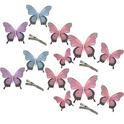 Foto van Othmar decorations decoratie vlinders op clip 12x stuks - paars/blauw/roze - 12/16/20 cm - hobbydecoratieobject