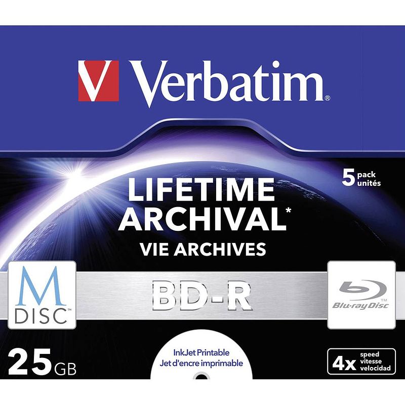 Foto van Verbatim 43823 m-disc blu-ray 25 gb 5 stuk(s) jewelcase bedrukbaar