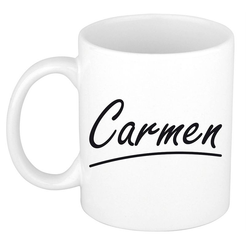 Foto van Naam cadeau mok / beker carmen met sierlijke letters 300 ml - naam mokken