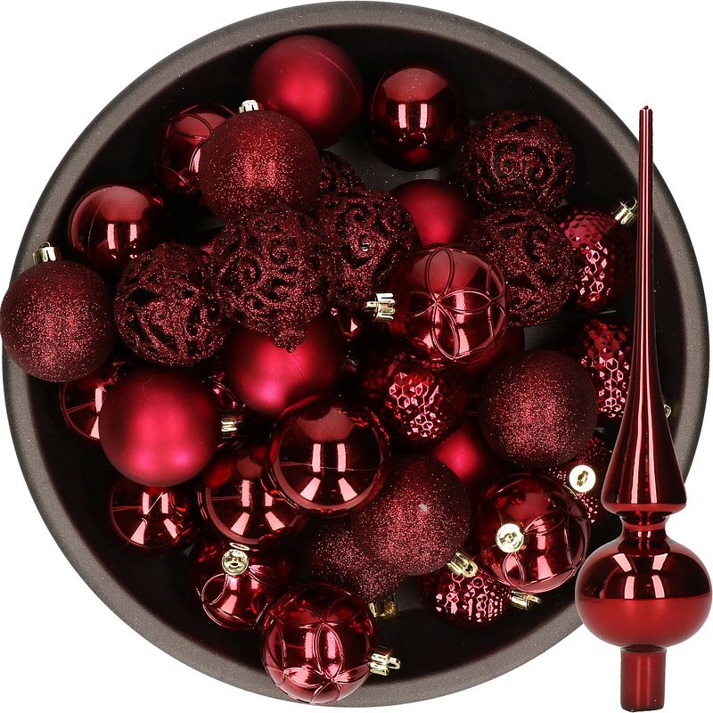 Foto van 37x stuks kunststof kerstballen 6 cm incl. glazen piek glans donkerrood - kerstbal