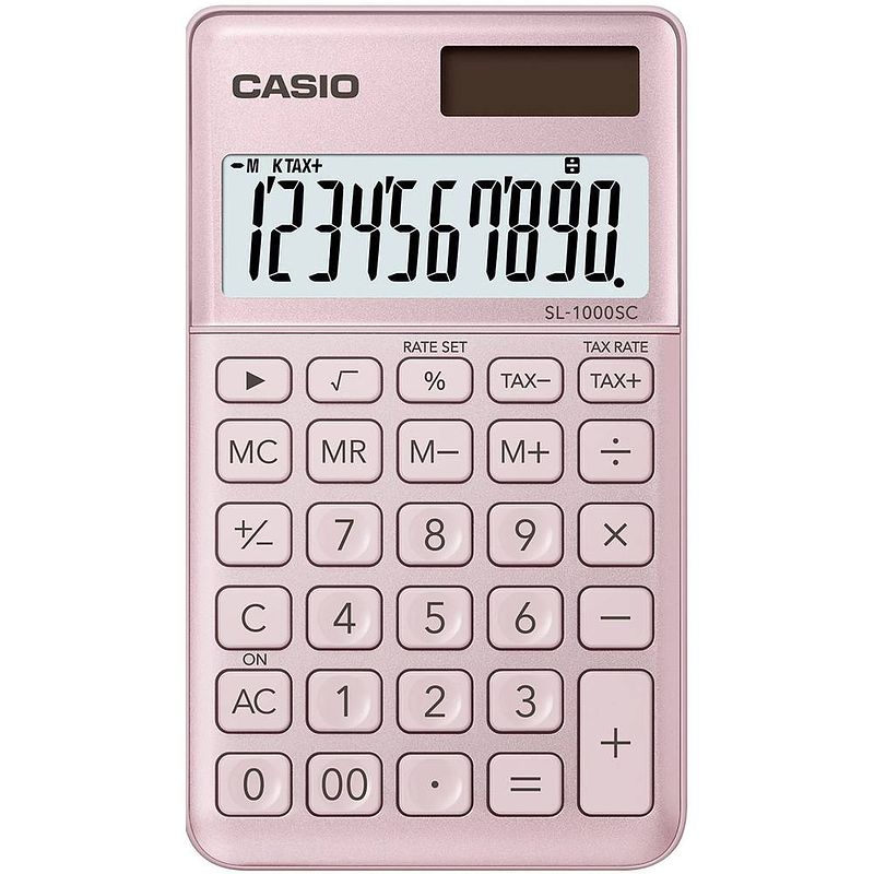 Foto van Casio sl-1000sc zakrekenmachine werkt op zonne-energie, werkt op batterijen roze aantal displayposities: 10