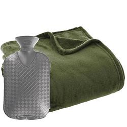 Foto van Fleece deken/plaid olijf groen 130 x 180 cm en een warmwater kruik 2 liter - plaids