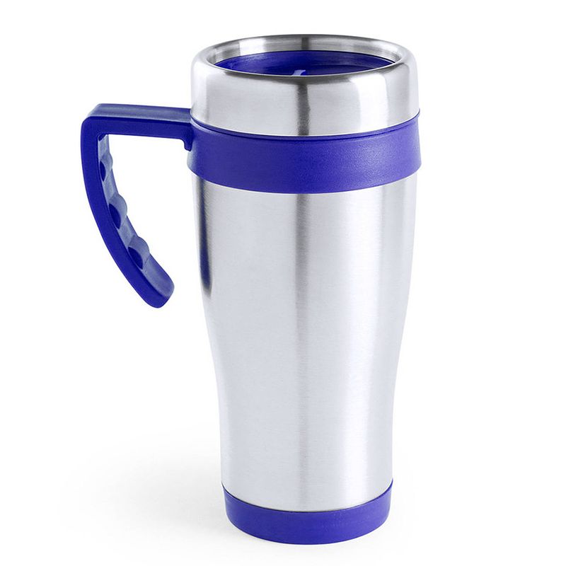 Foto van Warmhoudbeker/thermos isoleer koffiebeker/mok - rvs - zilver/blauw - 450 ml - thermosbeker