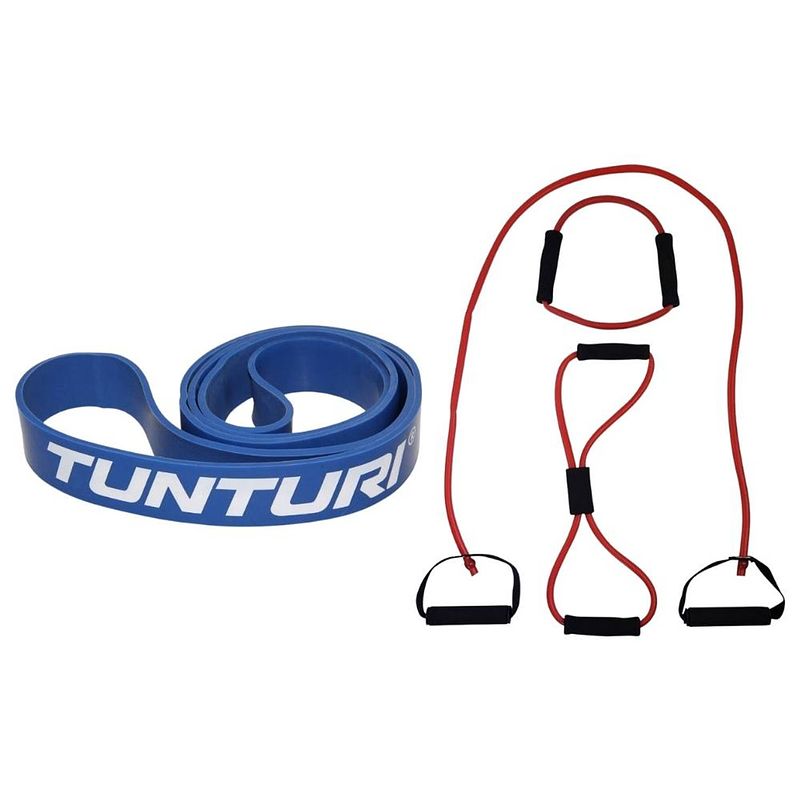 Foto van Tunturi - fitness set - weerstandsband blauw - heavy - tubing set rood