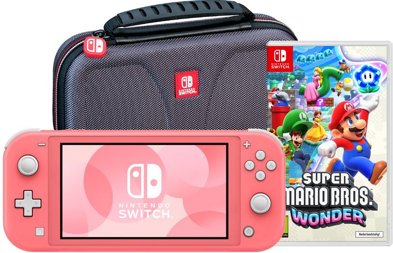 Foto van Nintendo switch lite koraal + super mario bros. wonder + beschermhoes