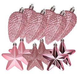 Foto van Dennenappels en sterren kerstornamenten - 12 stuks - kunststof - roze - kersthangers