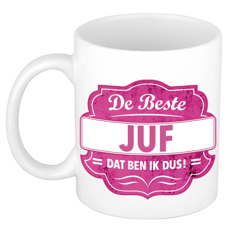 Foto van De beste juf cadeau koffiemok / theebeker roze embleem 300 ml - feest mokken