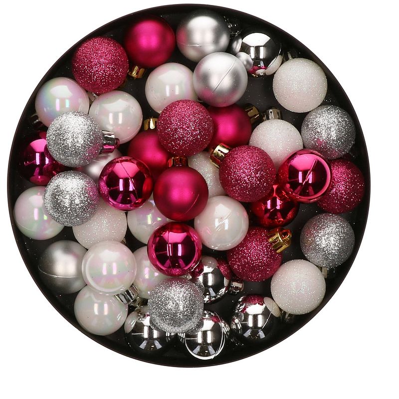 Foto van 42x stuks kunststof kerstballen mix bessen roze/zilver/parelmoer wit 3 cm - kerstbal