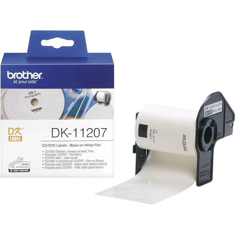 Foto van Brother dk-11207 rol met etiketten ø 58 mm folie wit 100 stuk(s) permanent dk11207 cd-etiketten, dvd-etiketten