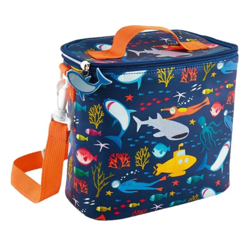 Foto van Kleine koeltas voor lunch oranje/blauw met oceaan print 9 x 22 x 22 cm 4 liter - koeltas