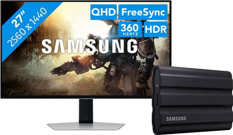 Foto van Samsung ls27dg602suxen odyssey g6 oled + samsung t7 shield 1