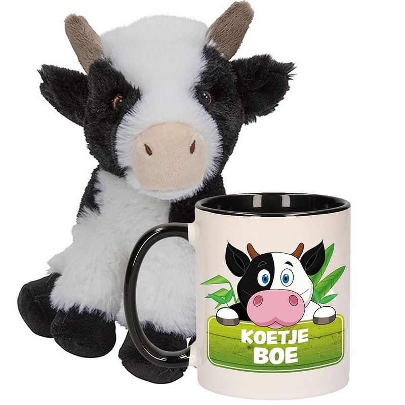 Foto van Cadeauset kind - koeien knuffel 19 cm en drinkbeker/mok koe 300 ml - knuffel boederijdieren