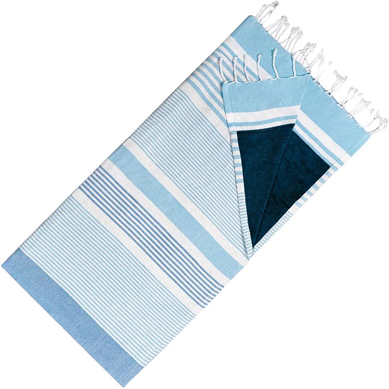 Foto van Hamamdoek dubbelzijdige kikoydoek & badstof - trendy hammamdoek - 100% katoen - 95 x 175 cm - hemelsblauw blauw