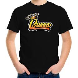 Foto van Koningsdag shirt zwart voor kinderen/ meisjes - queen met kroon xs (110-116) - feestshirts