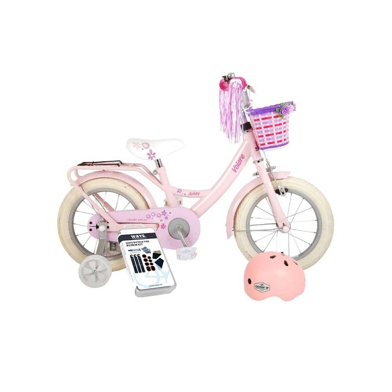 Foto van Volare kinderfiets ashley - 14 inch - roze - 95% afgemonteerd - met fietshelm en accessoires