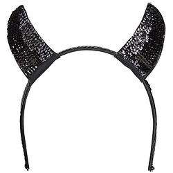 Foto van Halloween diadeem - duivel hoorntjes met pailletten - zwart - kunststof - verkleedhoofddeksels