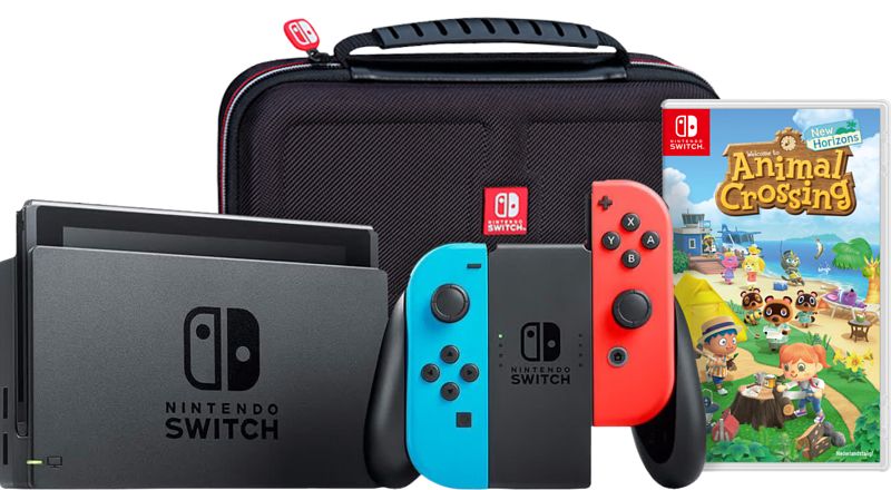 Foto van Nintendo switch rood/blauw + animal crossing new horizons + big ben travel case