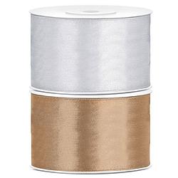 Foto van Set van 2 stuks sierlinten/cadeaulinten/satijnen linten goud en zilver 38 mm x 25 meter - cadeaulinten