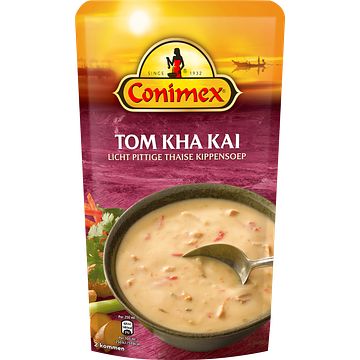 Foto van 2 zakken soep a 570 ml, pakken cupasoup a 3 stuks of single verpakkingen noodles of pasta | conimex soep in zak tom kha kai 570ml aanbieding bij jumbo