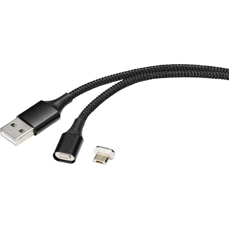 Foto van Renkforce usb-kabel usb 2.0 usb-a stekker, usb-micro-b stekker 1.00 m zwart magnetische stekker rf-4746074