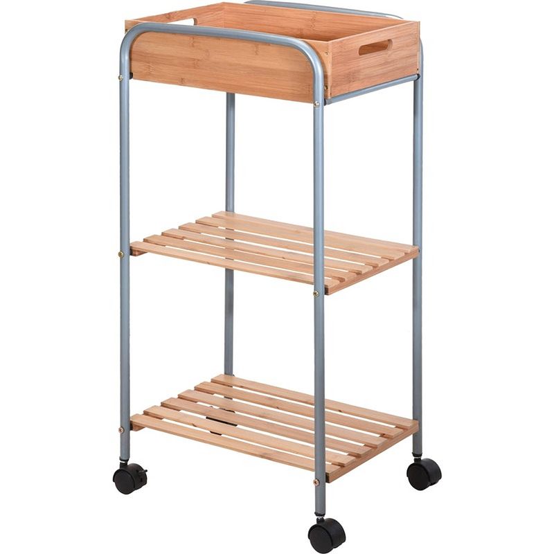 Foto van Bamboe houten badkamer kastje/trolley 81 cm - opberg trolley