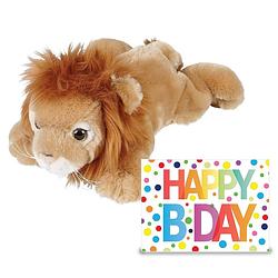 Foto van Knuffel leeuw 25 cm cadeau sturen met xl happy birthday wenskaart - knuffeldier