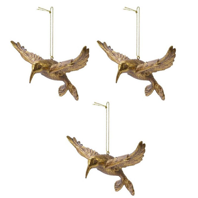 Foto van 3x kerstboomhangers gouden kolibrie vogels/vogeltjes 13 cm kerstversiering - gouden kerstversiering/boomversiering