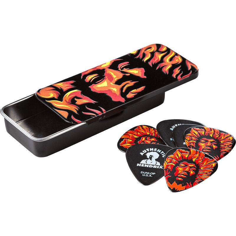 Foto van Dunlop jhpt14h authentic hendrix '69 psych series pick tin voodoo plectrumdoosje met zes plectra