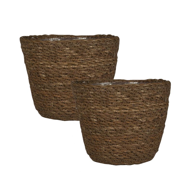 Foto van Set van 2x stuks plantenpot/bloempot van jute/zeegras diameter 15 cm en hoogte 12 cm camel bruin - plantenpotten