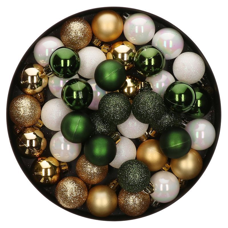 Foto van 48x stuks kunststof kerstballen mix wit/goud/donkergroen 4 cm - kerstbal