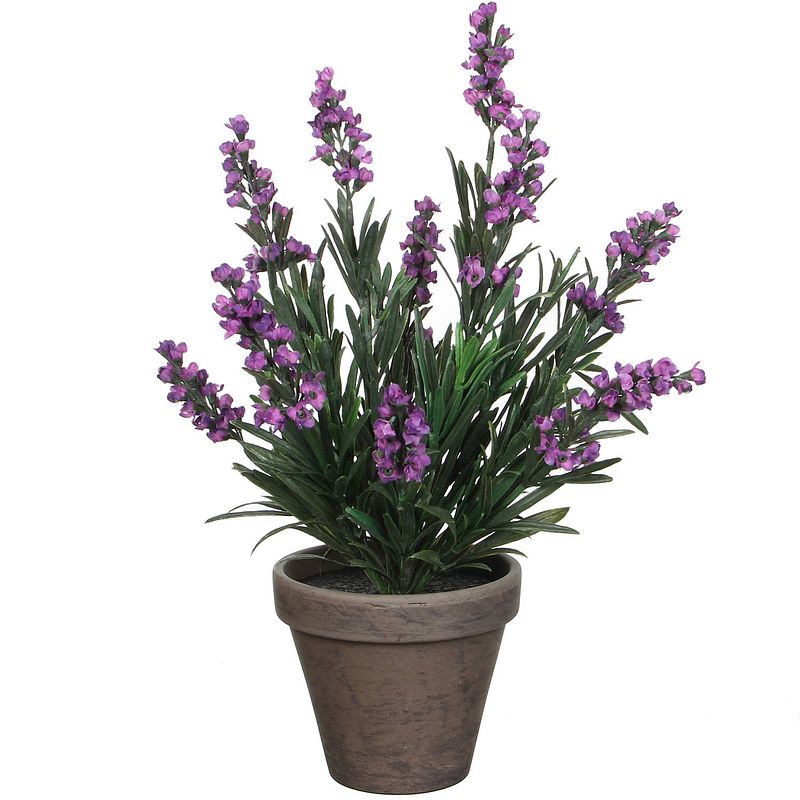 Foto van Lavendel kunstplant/kamerplant paars in grijze sierpot h33 cm x d20 cm - kunstplanten