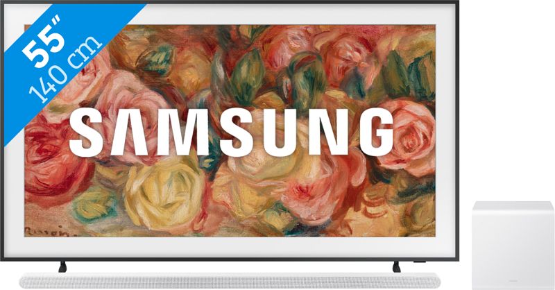 Foto van Samsung the frame 55ls03d (2024) + soundbar wit