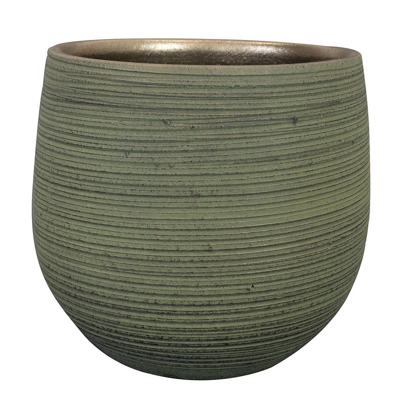 Foto van Plantenpot/bloempot keramiek donkergroen stripes relief - d22/h20 cm - plantenpotten