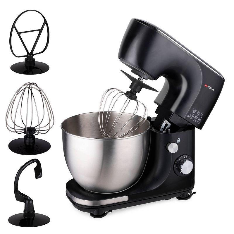 Foto van Alpina keukenmachine - 3 accessoires - roestvrijstalen kom - komverlichting - kneden, mixen, kloppen - zwart