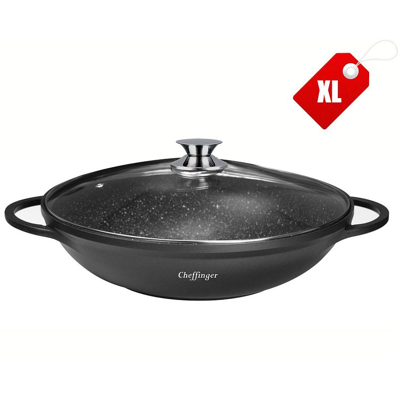 Foto van Cheffinger luxe wokpan xl met deksel - 36cm - black line edition - inductie
