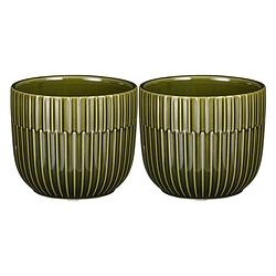 Foto van 2x stuks plantenpot/bloempot keramiek glans donkergroen stripes patroon - d11/h9 cm - plantenpotten