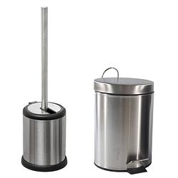 Foto van Toiletborstel houder rvs zilver 39 cm en pedaalemmer 3 liter combi - badkameraccessoireset