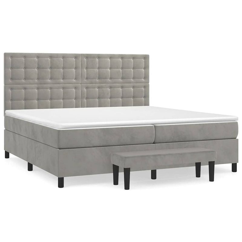 Foto van The living store bed the living store boxspring bed 203x200x118/128 cm - lichtgrijs - fluwelen stof