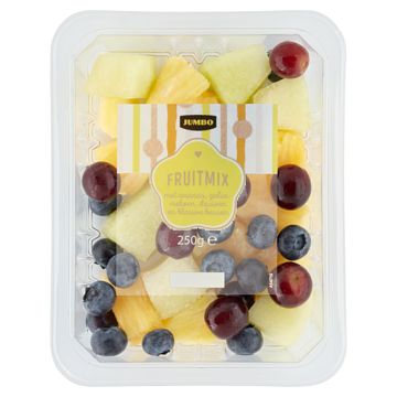 Foto van Jumbo fruitmix met ananas, galiameloen, druiven en blauwe bessen 250g