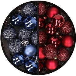 Foto van 34x stuks kunststof kerstballen donkerblauw en donkerrood 3 cm - kerstbal