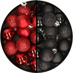 Foto van 34x stuks kunststof kerstballen rood en zwart 3 cm - kerstbal